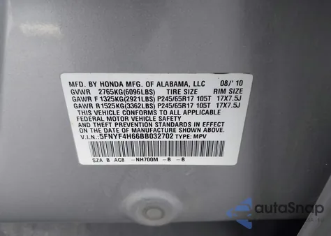 2011 Honda Pilot Ex-L z USA, uszkodzony, nr VIN 5FNYF4H66BB032702
